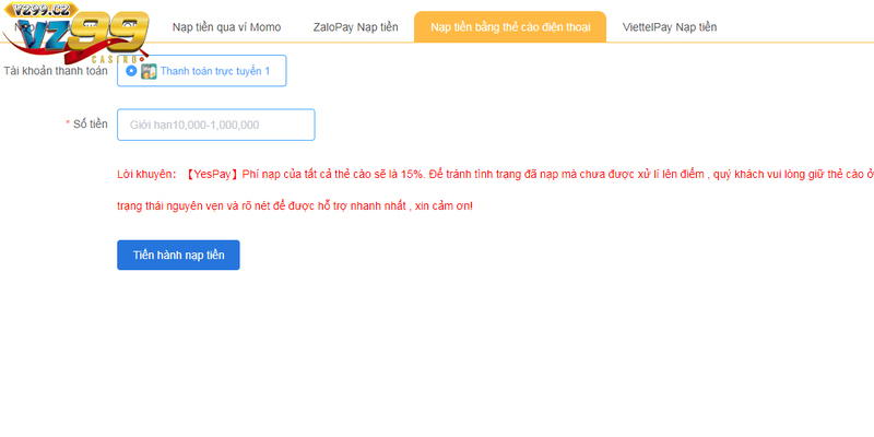 Hướng dẫn các thao tác nạp tiền VZ99 cực kỳ chi tiết và đơn giản